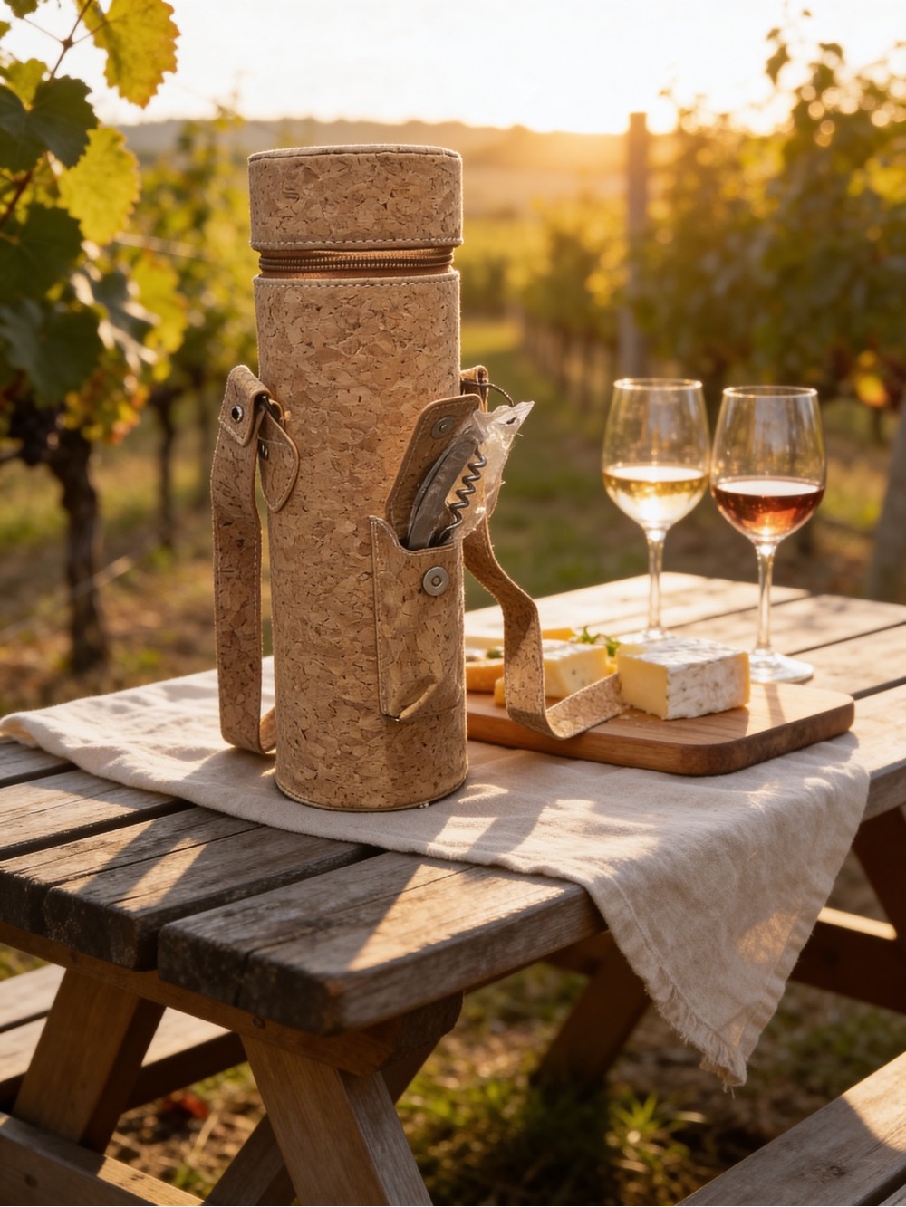 Cork Wine Bottle Carrier with Shoulder Strap and Corkscrew - Natural